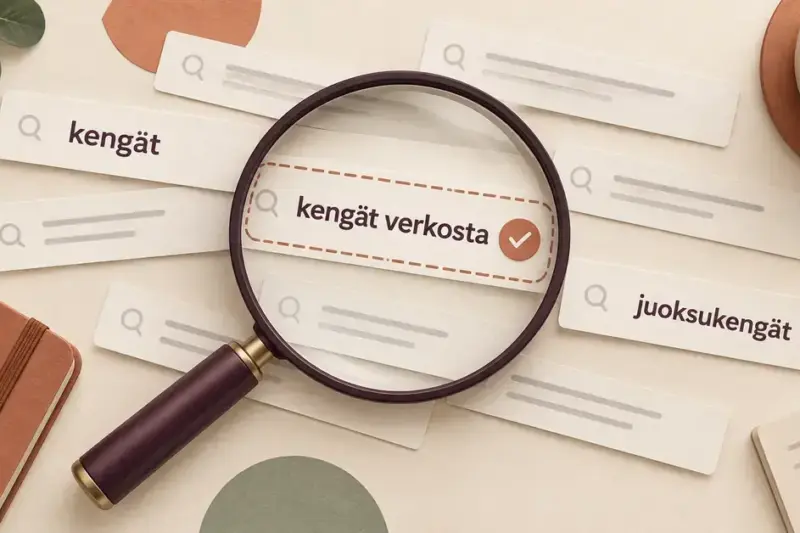 Suurennuslasi korostaa hakufraasia ”kengät verkosta” muiden hakusanojen joukosta havainnollistaen avainsanatutkimusta ja sopivien hakutermien valintaa.