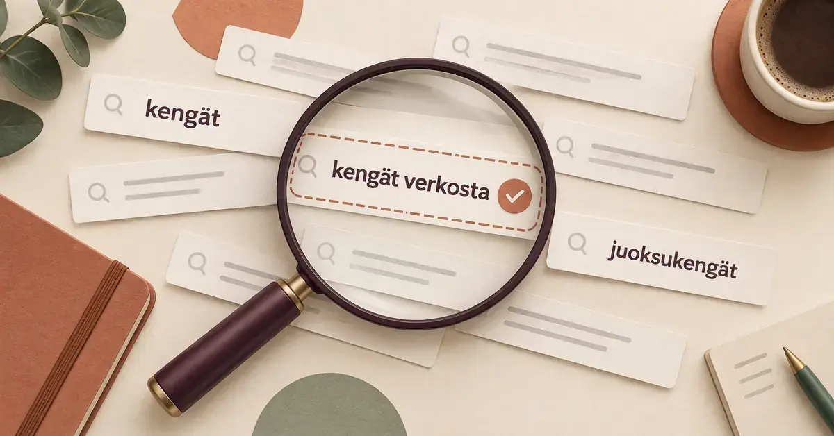 Suurennuslasi korostaa hakufraasia ”kengät verkosta” muiden hakusanojen joukosta havainnollistaen avainsanatutkimusta ja sopivien hakutermien valintaa.