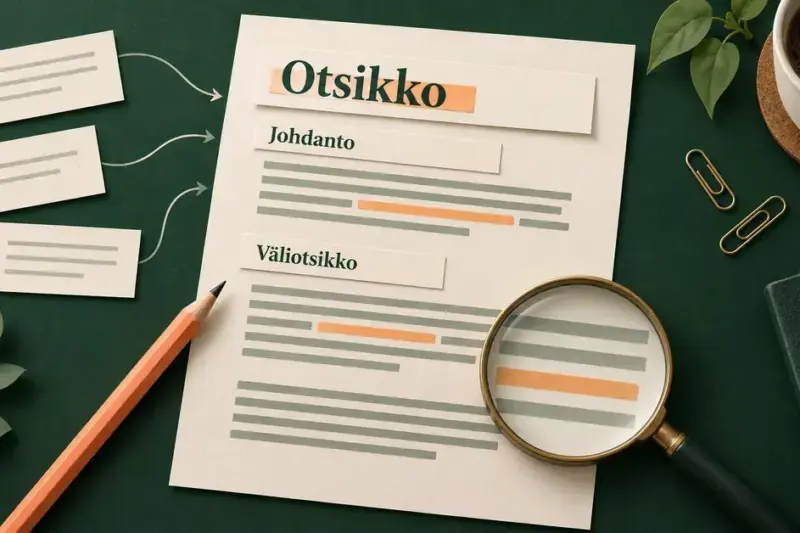 Blogitekstin otsikkoa, johdantoa ja väliotsikkoa havainnollistava paperikollaasi, jossa kynä ja korostettuja avainsanoja suurentava suurennuslasi kuvaavat kirjoittamista ja hakukoneoptimointia.