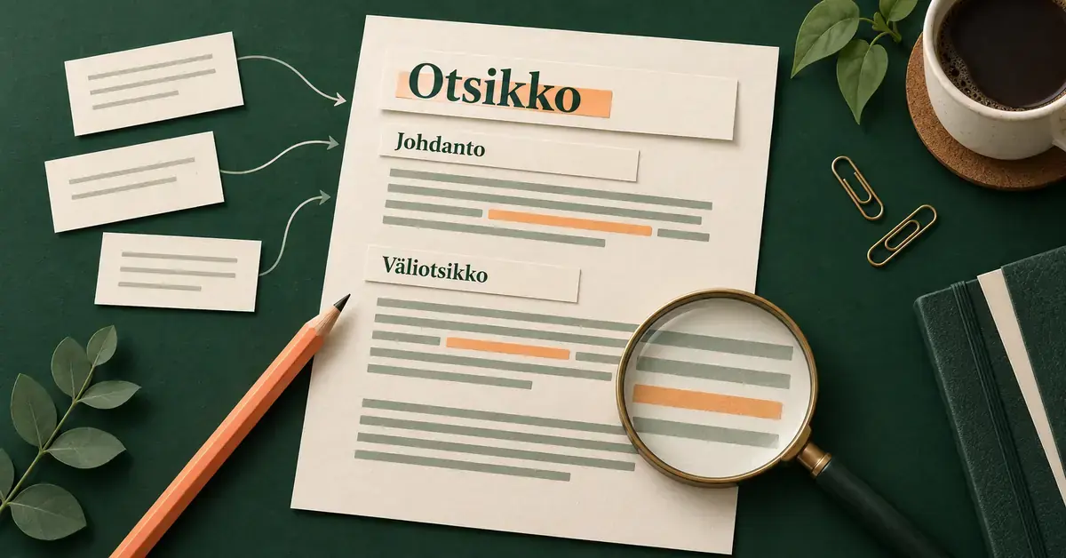Blogitekstin otsikkoa, johdantoa ja väliotsikkoa havainnollistava paperikollaasi, jossa kynä ja korostettuja avainsanoja suurentava suurennuslasi kuvaavat kirjoittamista ja hakukoneoptimointia.