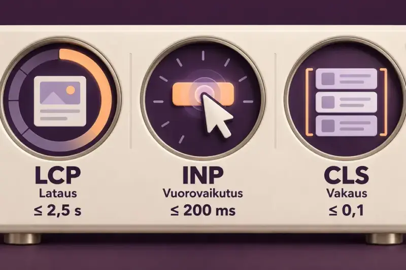 Kolme mittaria havainnollistavat verkkosivun latausta, vuorovaikutusta ja visuaalista vakautta sekä Core Web Vitals -mittareiden hyviä raja-arvoja: LCP ≤ 2,5 s, INP ≤ 200 ms ja CLS ≤ 0,1.