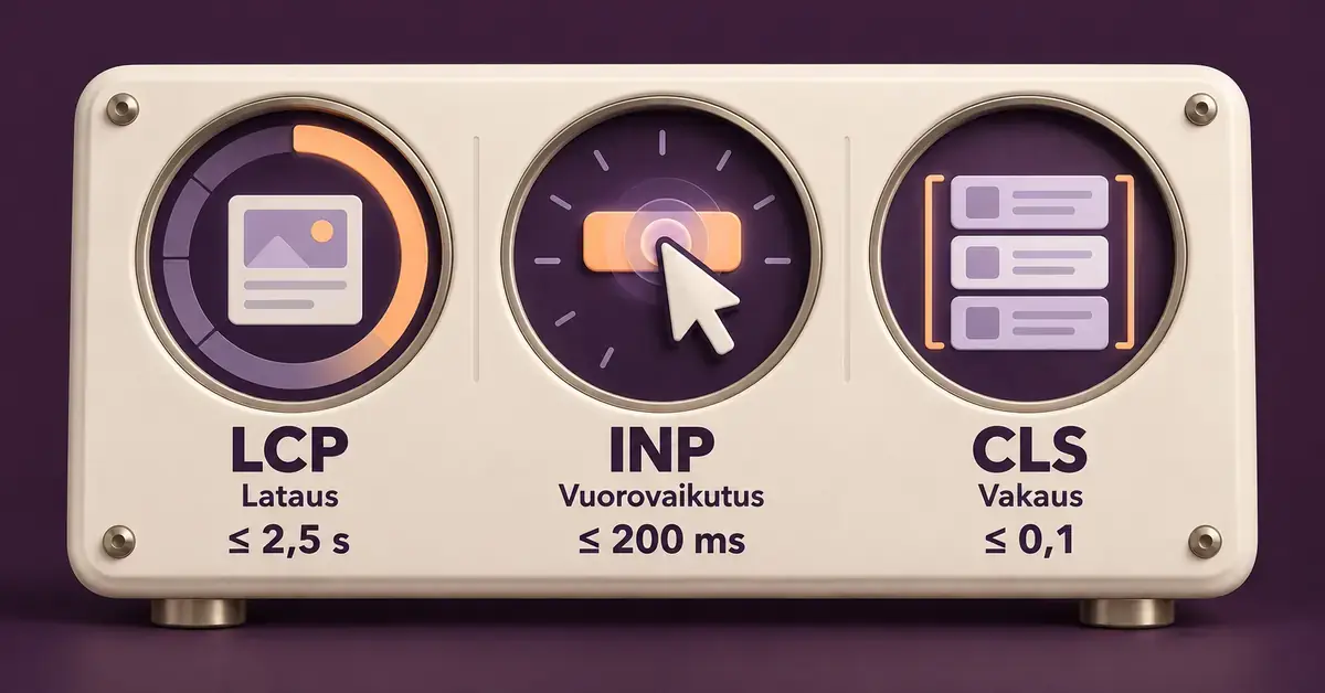 Kolme mittaria havainnollistavat verkkosivun latausta, vuorovaikutusta ja visuaalista vakautta sekä Core Web Vitals -mittareiden hyviä raja-arvoja: LCP ≤ 2,5 s, INP ≤ 200 ms ja CLS ≤ 0,1.
