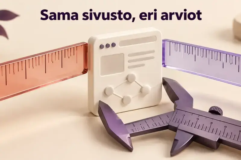Erilaiset viivaimet ja työntömitta mittaavat samaa verkkosivua havainnollistaen, kuinka auktoriteettimittarit antavat sivustosta erilaisia arvioita.