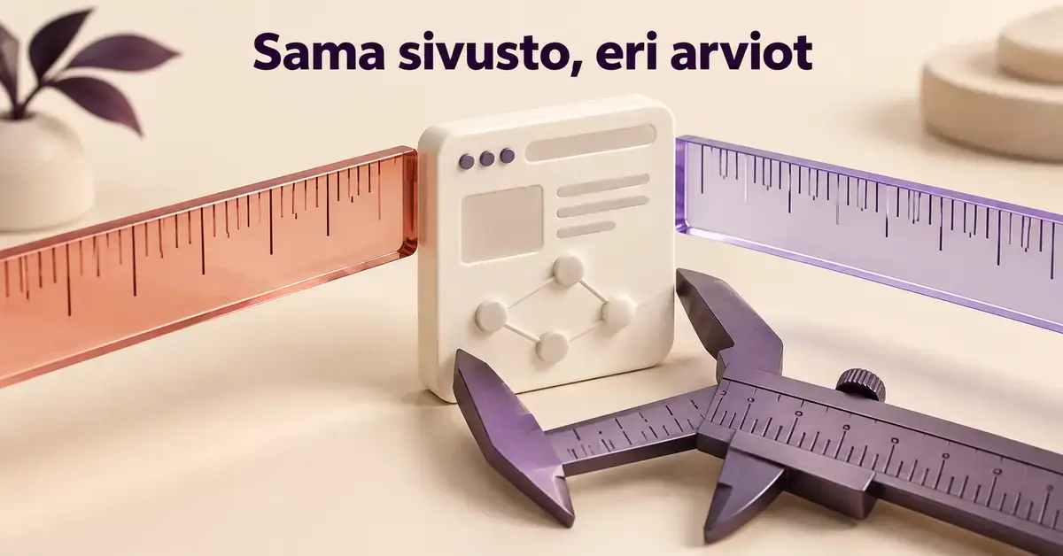 Erilaiset viivaimet ja työntömitta mittaavat samaa verkkosivua havainnollistaen, kuinka auktoriteettimittarit antavat sivustosta erilaisia arvioita.