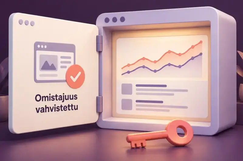 Avain ja avattu selainikkuna havainnollistavat, kuinka sivuston omistajuuden vahvistaminen avaa Google Search Consolen hakunäkyvyysraportit.