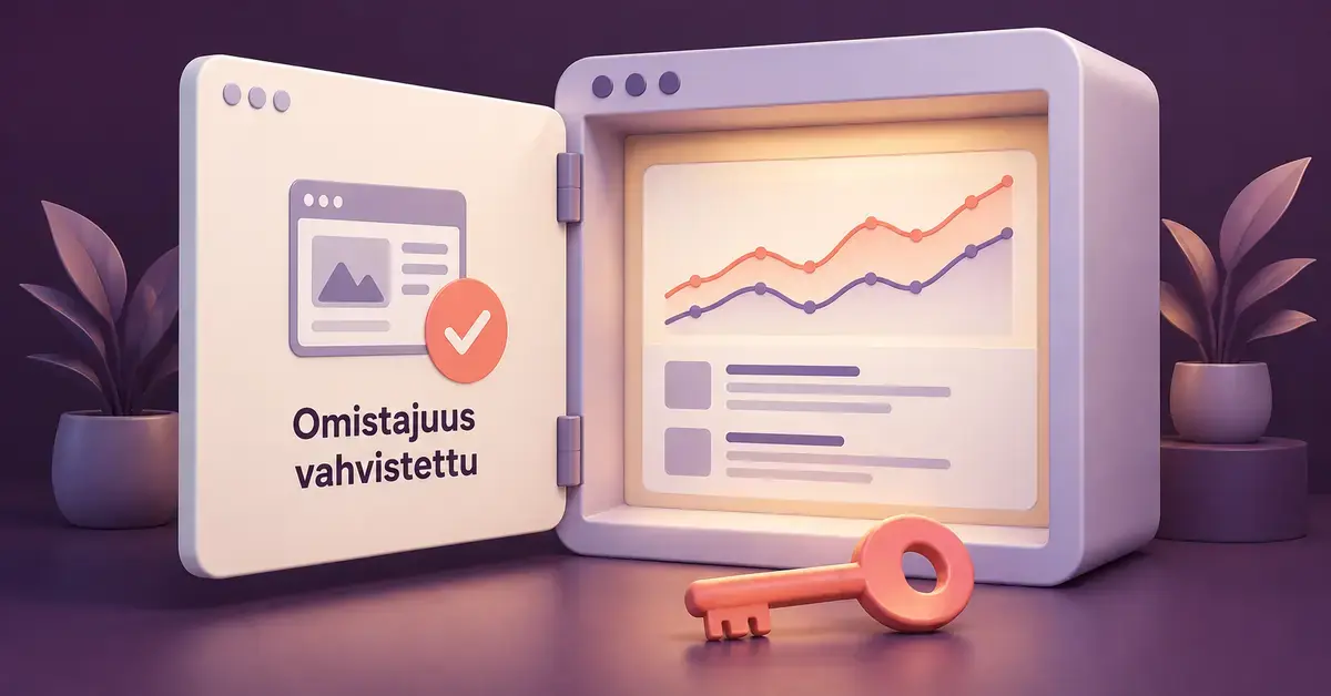 Avain ja avattu selainikkuna havainnollistavat, kuinka sivuston omistajuuden vahvistaminen avaa Google Search Consolen hakunäkyvyysraportit.