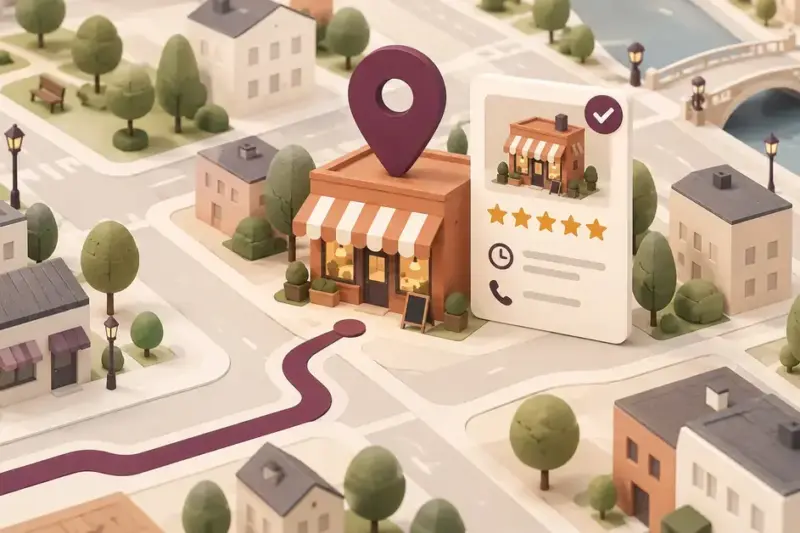 Paikallinen liike, karttamerkki ja yritysprofiilin tiedot havainnollistavat yrityksen näkyvyyttä Google-haussa ja Google Mapsissa.