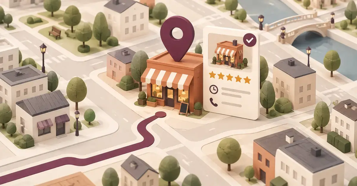 Paikallinen liike, karttamerkki ja yritysprofiilin tiedot havainnollistavat yrityksen näkyvyyttä Google-haussa ja Google Mapsissa.