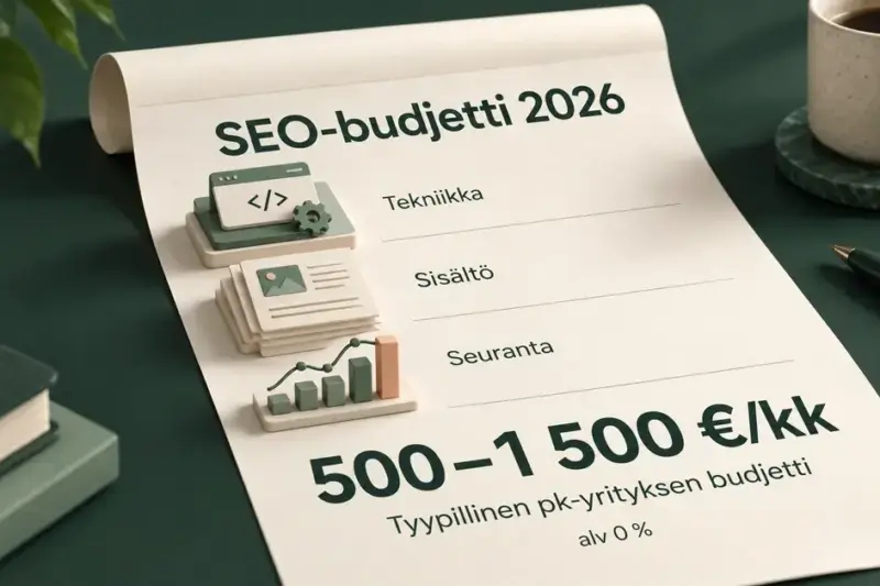 SEO-budjettia havainnollistava kustannusarvio esittelee tekniikan, sisällön ja seurannan sekä pk-yrityksen tyypillisen 500–1 500 euron kuukausibudjetin vuonna 2026 (alv 0 %).