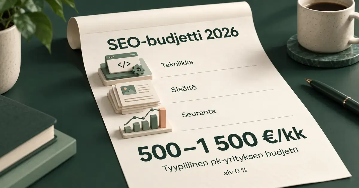 SEO-budjettia havainnollistava kustannusarvio esittelee tekniikan, sisällön ja seurannan sekä pk-yrityksen tyypillisen 500–1 500 euron kuukausibudjetin vuonna 2026 (alv 0 %).