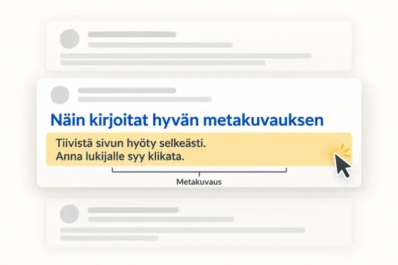 Hakutuloksen sinisen otsikon alla keltaisella korostettu metakuvaus ja hiiren osoitin havainnollistavat, kuinka selkeä tiivistelmä houkuttelee klikkaamaan.