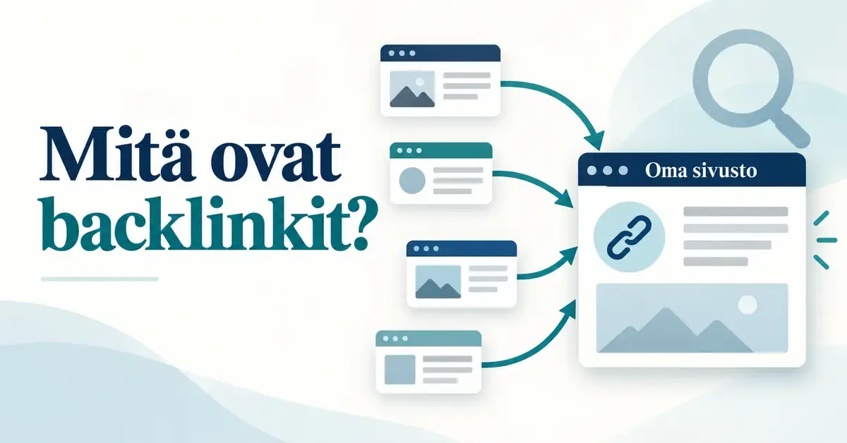 Havainnekuva backlinkeistä, jossa neljältä verkkosivustolta osoittavat nuolet johtavat omalle sivustolle.