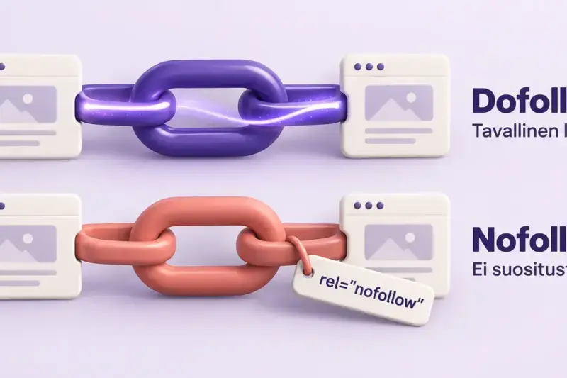 Violetti dofollow-linkki välittää suositusta sivujen välillä, kun taas korallinvärinen nofollow-linkki yhdistää sivut ilman suositusta ja sisältää rel="nofollow"-merkinnän.