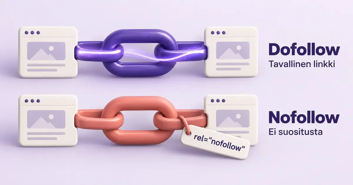 Violetti dofollow-linkki välittää suositusta sivujen välillä, kun taas korallinvärinen nofollow-linkki yhdistää sivut ilman suositusta ja sisältää rel="nofollow"-merkinnän.