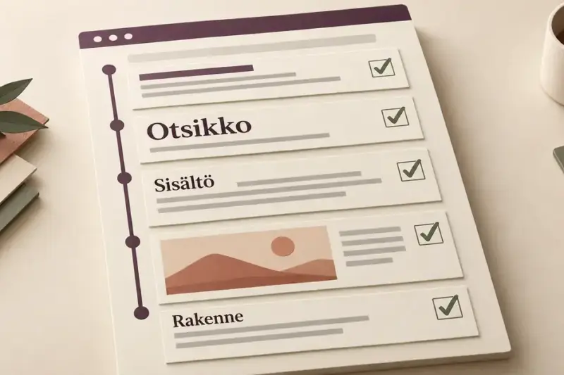 Verkkosivun muotoinen tarkistuslista havainnollistaa otsikon, sisällön ja rakenteen optimointia vihreillä valintamerkeillä.