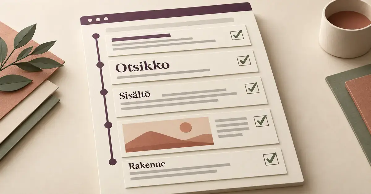 Verkkosivun muotoinen tarkistuslista havainnollistaa otsikon, sisällön ja rakenteen optimointia vihreillä valintamerkeillä.