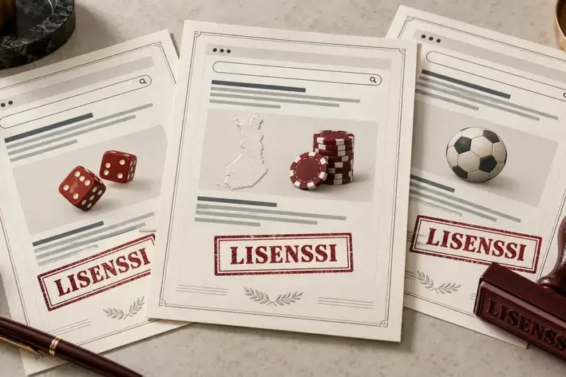 Kolme lisenssileimattua rahapelisivustoa esittävää asiakirjaa, Suomen kartta ja leimasin havainnollistavat rahapeliuudistusta ja hakukonenäkyvyyden merkitystä.