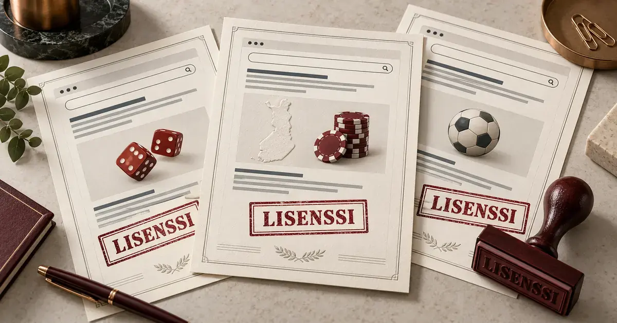 Kolme lisenssileimattua rahapelisivustoa esittävää asiakirjaa, Suomen kartta ja leimasin havainnollistavat rahapeliuudistusta ja hakukonenäkyvyyden merkitystä.