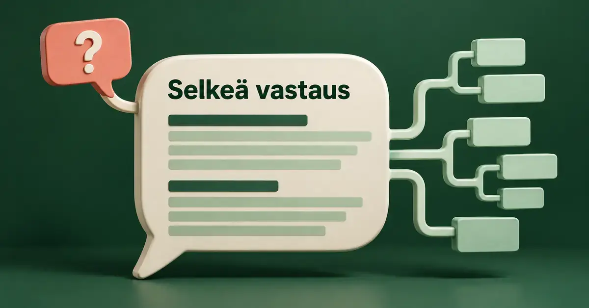 Kysymysmerkistä lähtevä puhekupla ja siitä haarautuva rakenne havainnollistavat SEO-tekstiä, joka vastaa lukijan kysymykseen selkeästi ja auttaa hakukoneita ymmärtämään sisällön.