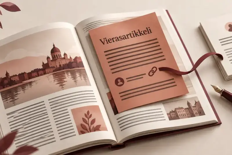 Avatun julkaisun päälle asetettu vierasartikkeli ja kirjoittajan sivulle johtavaa linkkiä kuvaava nauha havainnollistavat vierasbloggausta linkkien rakentamisessa.