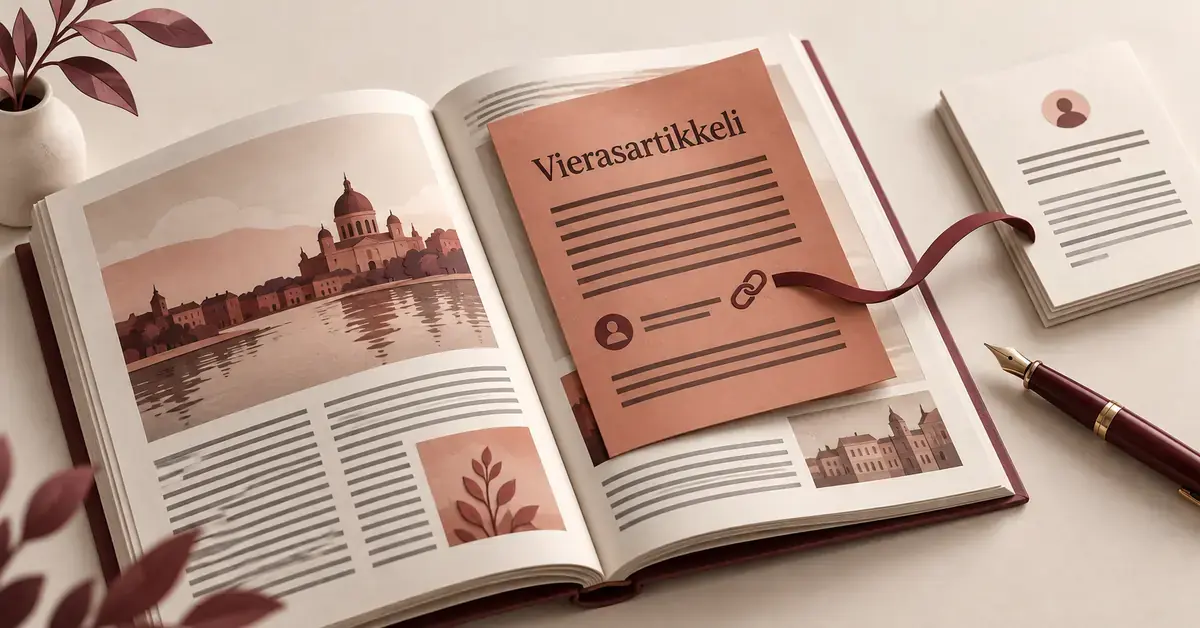 Avatun julkaisun päälle asetettu vierasartikkeli ja kirjoittajan sivulle johtavaa linkkiä kuvaava nauha havainnollistavat vierasbloggausta linkkien rakentamisessa.